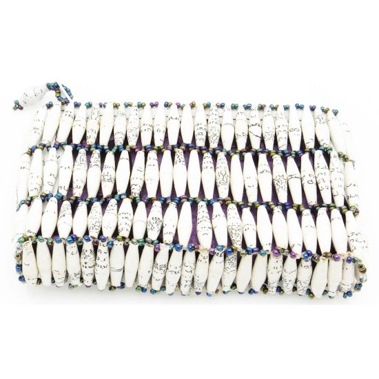 Small clutch style zippered change purse with white with flecks beads.