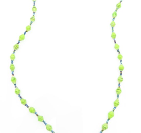 Neon lime green lanyard made of paper beads with a small seed bead loop at the bottom and a metal clip to attach your badge. The lanyard is shown on a plain white background. The top of the lanyard is not visible.