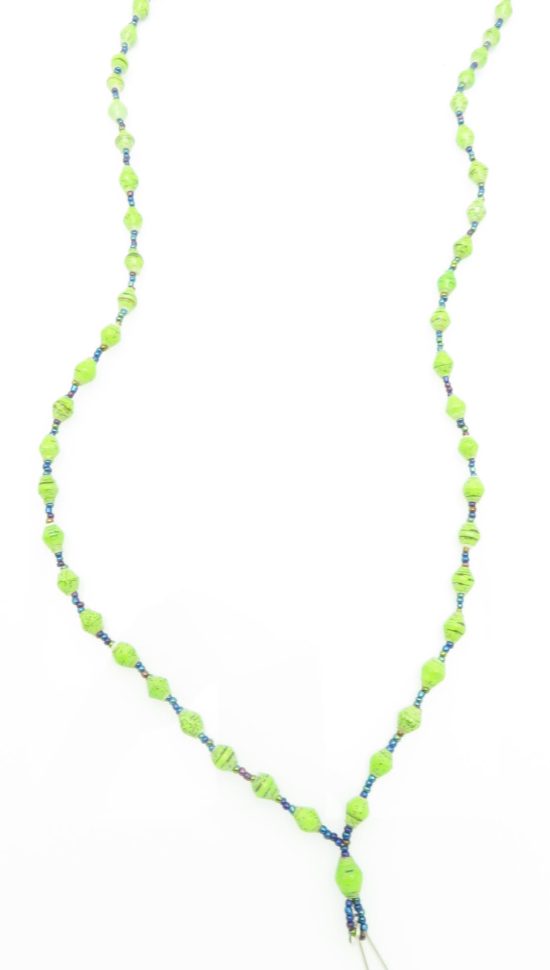 Neon lime green lanyard made of paper beads with a small seed bead loop at the bottom and a metal clip to attach your badge. The lanyard is shown on a plain white background. The top of the lanyard is not visible.