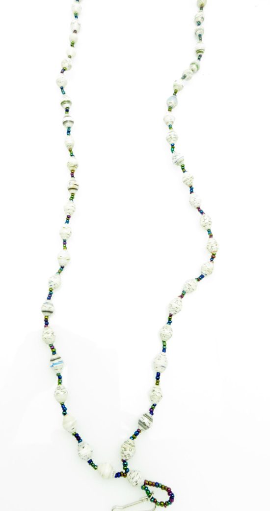 White with black flecks lanyard made of paper beads with a small seed bead loop at the bottom and a metal clip to attach your badge. The lanyard is shown on a plain white background. The top of the lanyard is not visible.