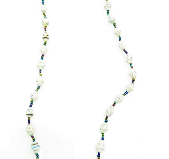 White with black flecks lanyard made of paper beads with a small seed bead loop at the bottom and a metal clip to attach your badge. The lanyard is shown on a plain white background. The top of the lanyard is not visible.