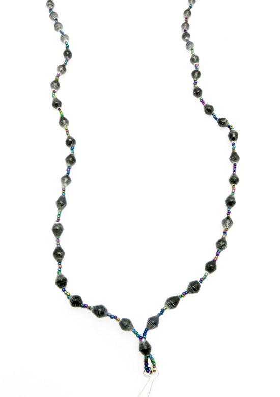 Black lanyard made of paper beads with a small seed bead loop at the bottom and a metal clip to attach your badge. The lanyard is shown on a plain white background. The top of the lanyard is not visible.