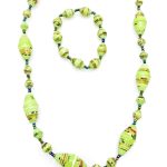 Women's matching beaded necklace and bracelet set in yellow/green patterned small & large oval bead pattern. Handcrafted with paper beads by Ugandan women artisans.