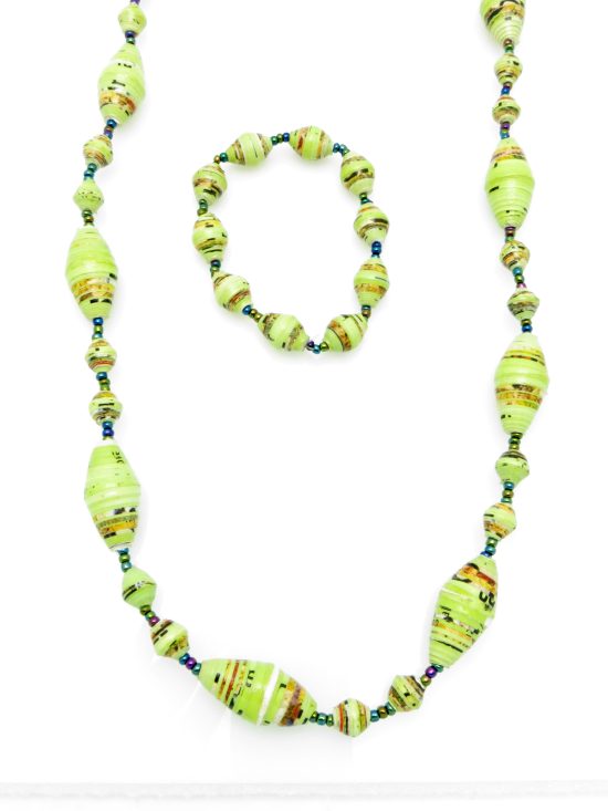 Women's matching beaded necklace and bracelet set in yellow/green patterned small & large oval bead pattern. Handcrafted with paper beads by Ugandan women artisans.