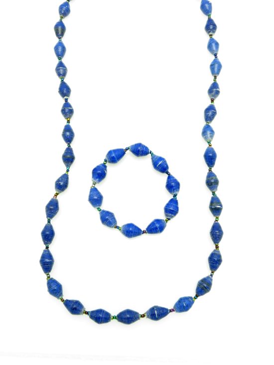 Women's matching beaded necklace and bracelet set in true blue. Handcrafted with paper beads by Ugandan women artisans.