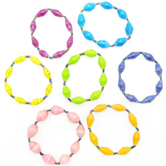 Child's bracelet with either 8 or 9 beads shown in the assorted colors available: sky blue, true blue, melon orange, light pink, yellow, neon green and purple