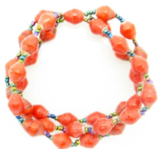 Three strand stretch bracelet for women with red beads.