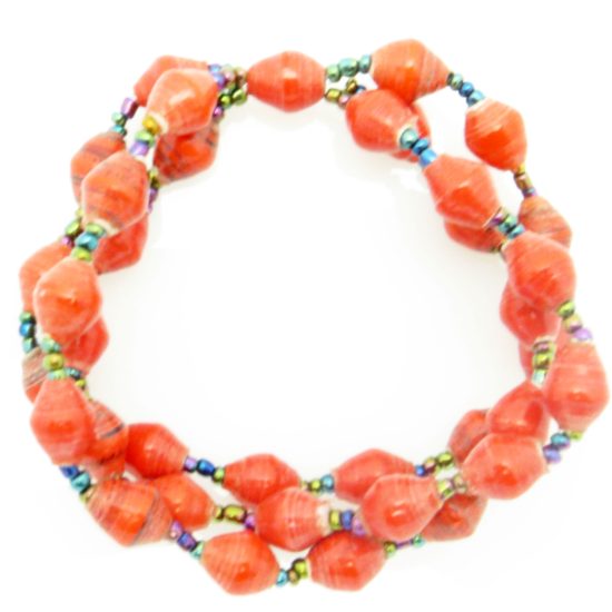 Three strand stretch bracelet for women with red beads.