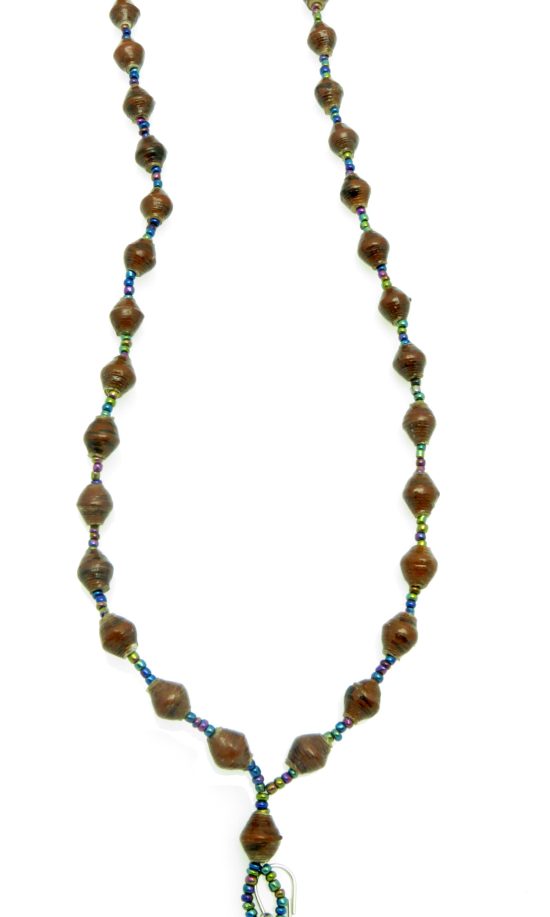 Brown lanyard made of paper beads with a small seed bead loop at the bottom and a metal clip to attach your badge. The lanyard is shown on a plain white background. The top of the lanyard is not visible.