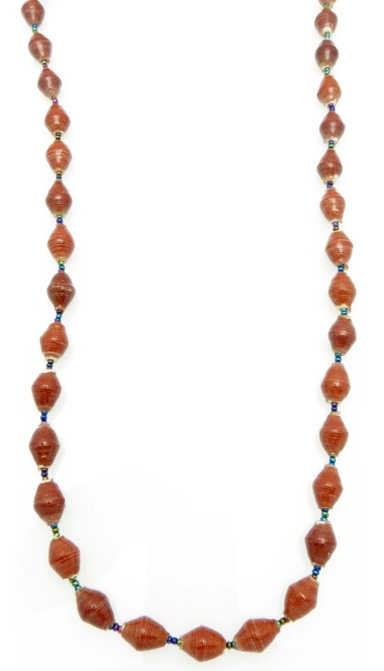 Brown paper bead necklace on a plain white background. The top of the necklace is not visible.