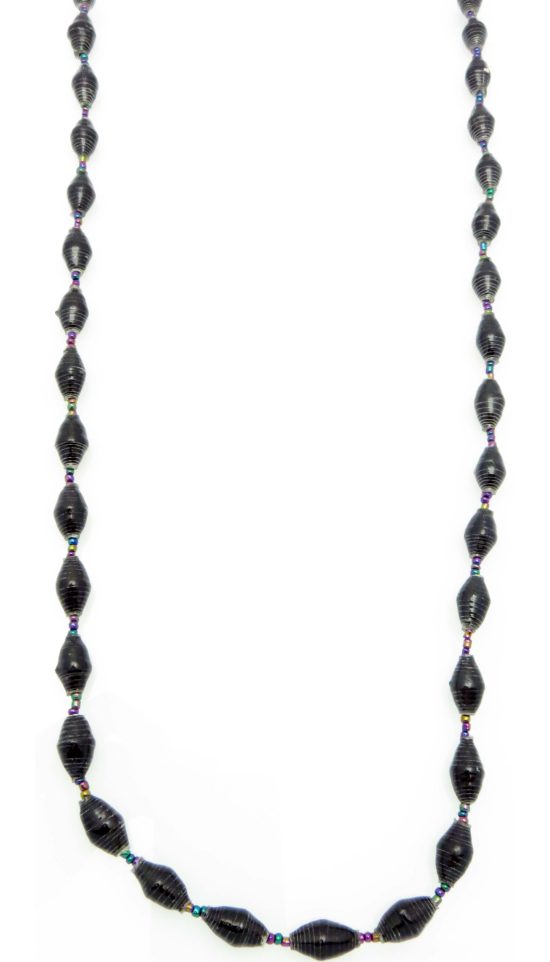 Black paper bead necklace on a plain white background. The top of the necklace is not visible.