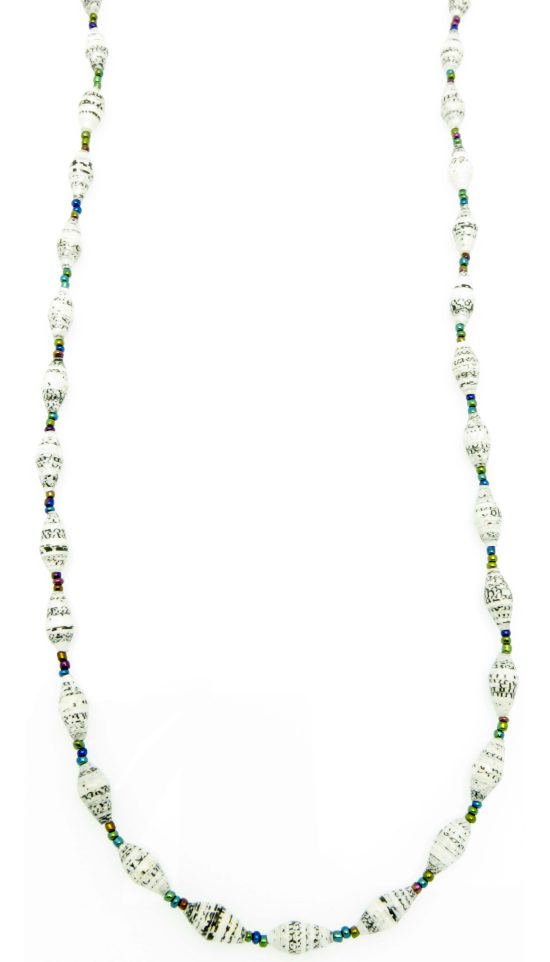 White with black fleckspaper bead necklace on a plain white background. The top of the necklace is not visible.