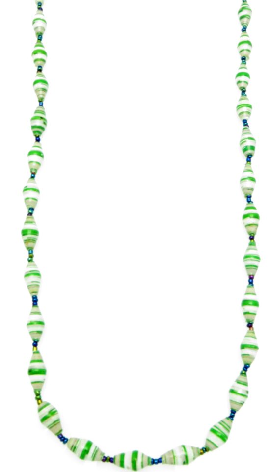 Green and white striped paper bead necklace on a plain white background. The top of the necklace is not visible.