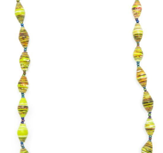 Yellow patterned paper bead necklace on a plain white background. The beads have some golds and oranges in the patterning. The top of the necklace is not visible.