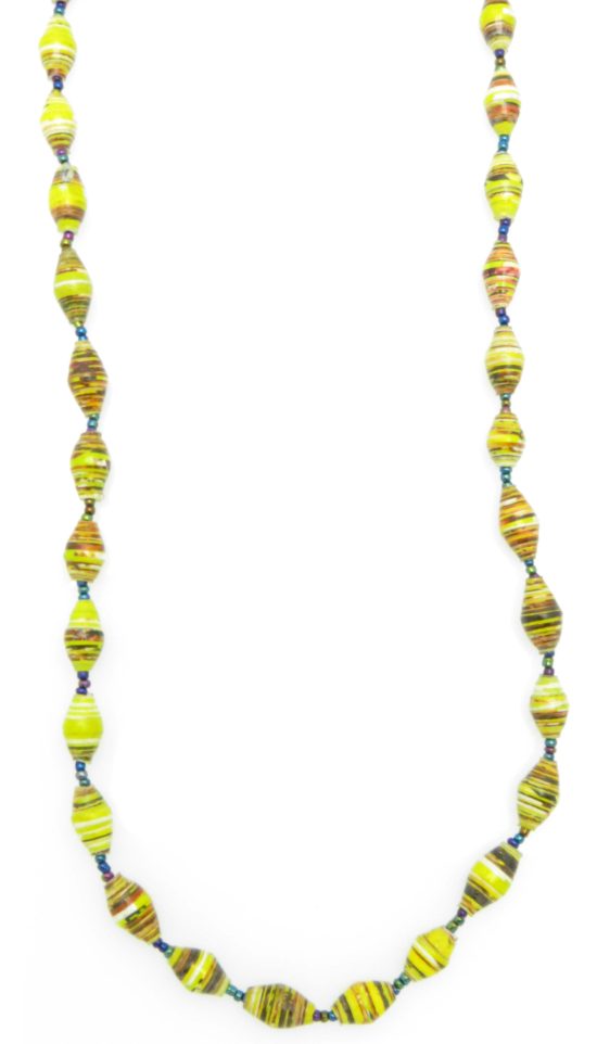 Yellow patterned paper bead necklace on a plain white background. The beads have some golds and oranges in the patterning. The top of the necklace is not visible.