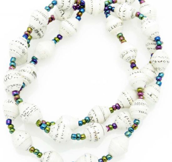 Three strand stretch bracelet for women with white with flecks beads.