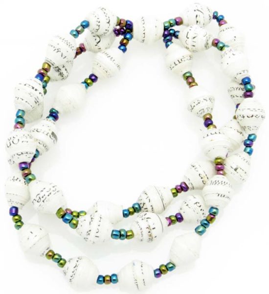 Three strand stretch bracelet for women with white with flecks beads.