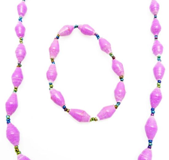 Women's matching beaded necklace and bracelet set in lavender. Handcrafted with paper beads by Ugandan women artisans.