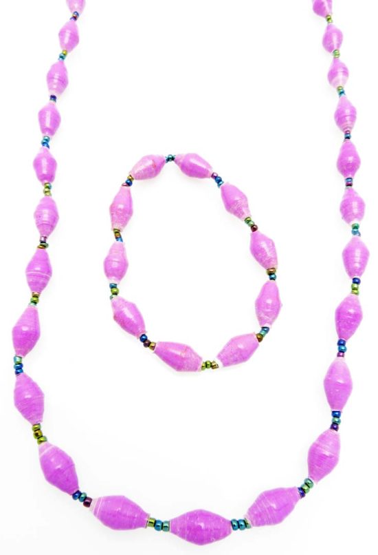 Women's matching beaded necklace and bracelet set in lavender. Handcrafted with paper beads by Ugandan women artisans.