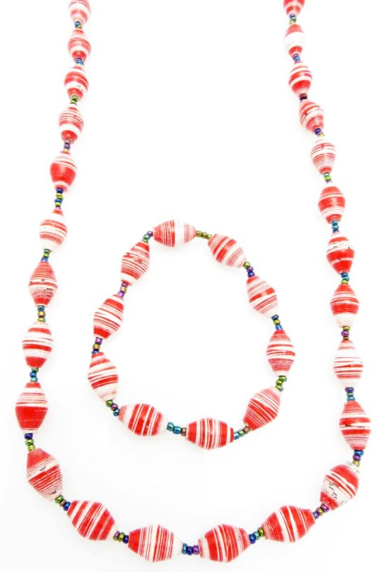 Women's matching beaded necklace and bracelet set in red & white striped pattern. Handcrafted with paper beads by Ugandan women artisans.