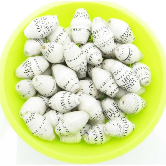 Photo of 50 white with flecks bi-cone beads that are available to purchase.