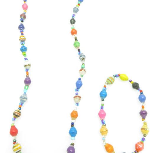 Women's matching beaded necklace and bracelet set in bright multi-color smaller round beads. Handcrafted with paper beads by Ugandan women artisans.