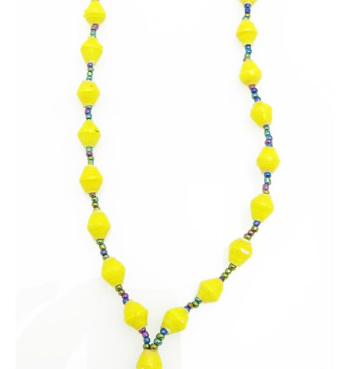 True yellow lanyard made of paper beads with a small seed bead loop at the bottom and a metal clip to attach your badge. The lanyard is shown on a plain white background. The top of the lanyard is not visible.