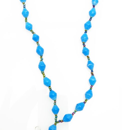 Soft turquoise blue colored lanyard made of paper beads with a small seed bead loop at the bottom and a metal clip to attach your badge. The lanyard is shown on a plain white background. The top of the lanyard is not visible.