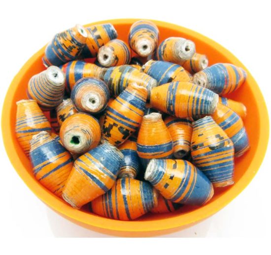 Photo of 50 blue & orange striped bi-cone beads for jewelry and crafting that are available to purchase.