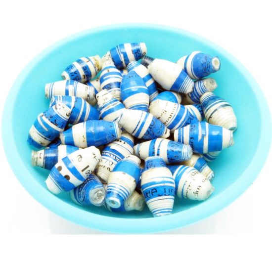 Photo of 50 turquoise & white striped bi-cone beads that are available to purchase.