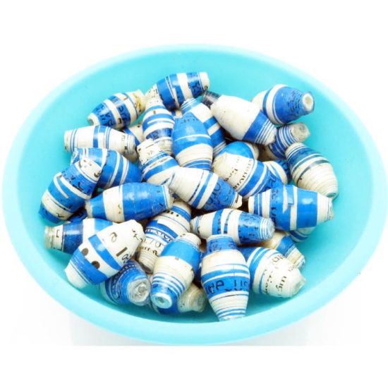 Photo of 50 turquoise & white striped bi-cone beads that are available to purchase.