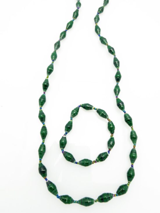 Women's matching beaded necklace and bracelet set in green. Handcrafted with paper beads by Ugandan women artisans.