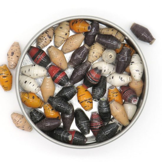 Photo of 50 bi-cone beads in a safari themed mix of white, tan, black & brown colors that are available to purchase.