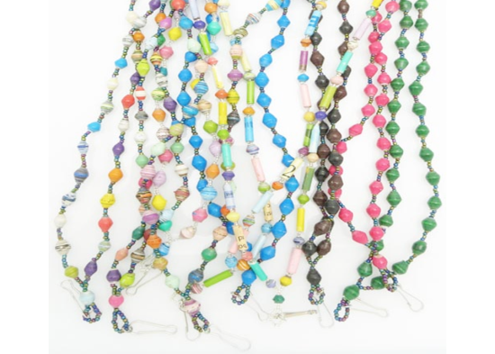 Group of 12 lanyards in a variety of colors made of paper beads with a small seed bead loop at the bottom and a metal clip to attach your badge. The lanyard is shown on a plain white background. The top of the lanyard is not visible.