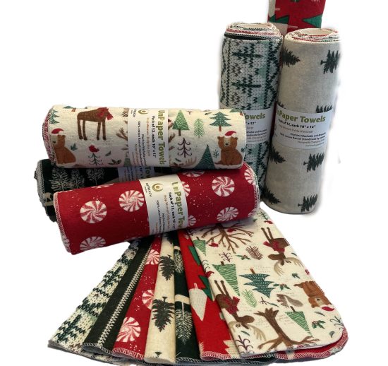 roll of 12 flannel unpaper towels in a variety of holiday colors
