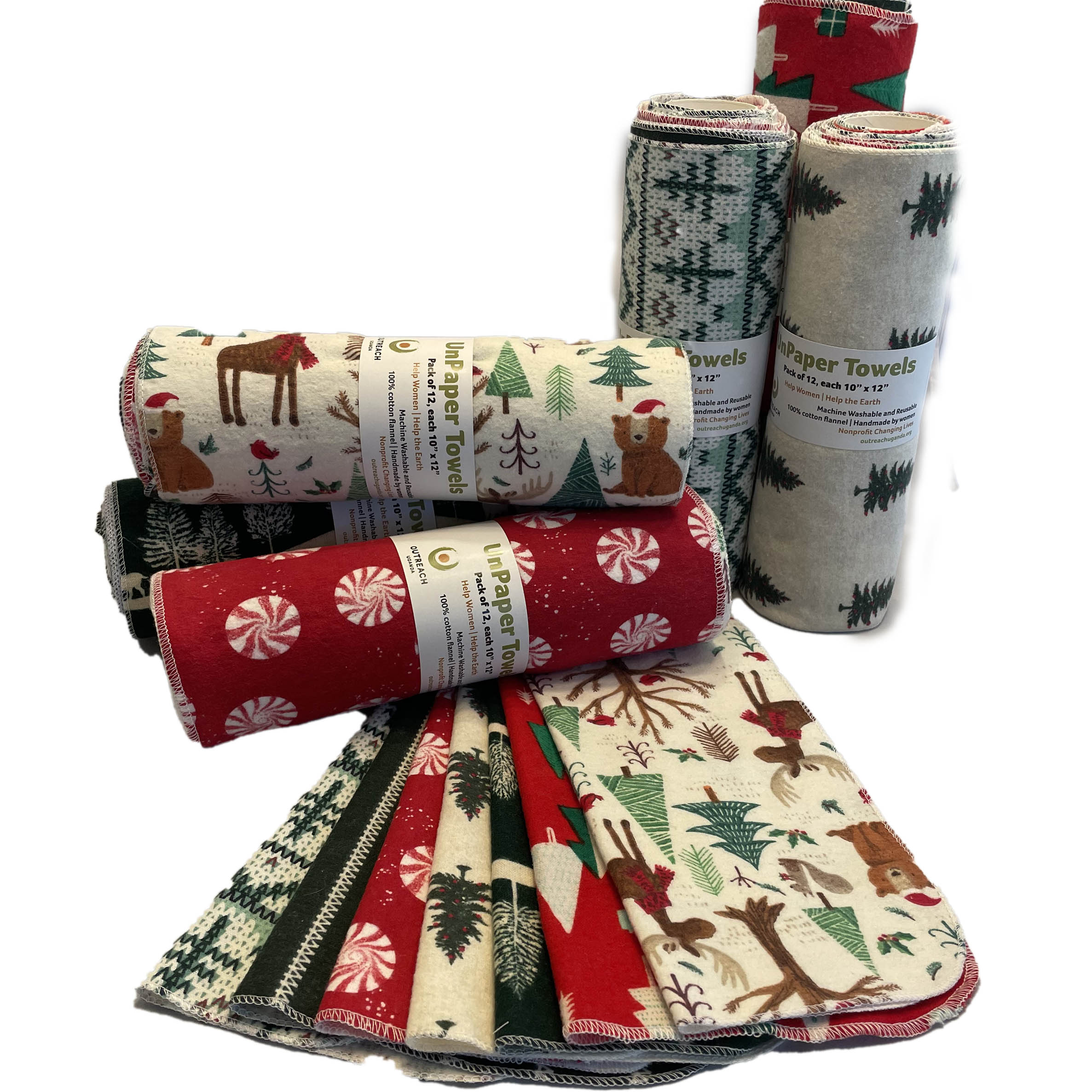 roll of 12 flannel unpaper towels in a variety of holiday colors